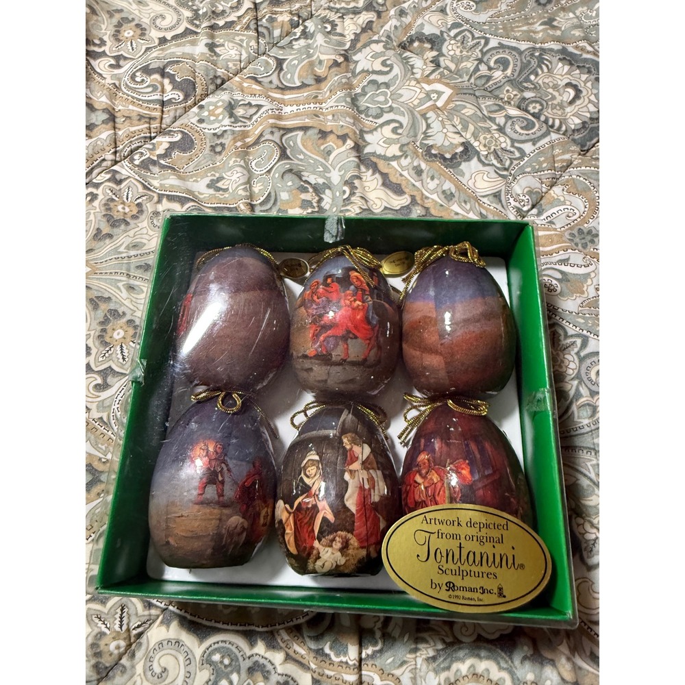 Vintage 1992 Fontanini Roman Inc Nativity Scene Egg Ornaments Set of 6 Decoupage
